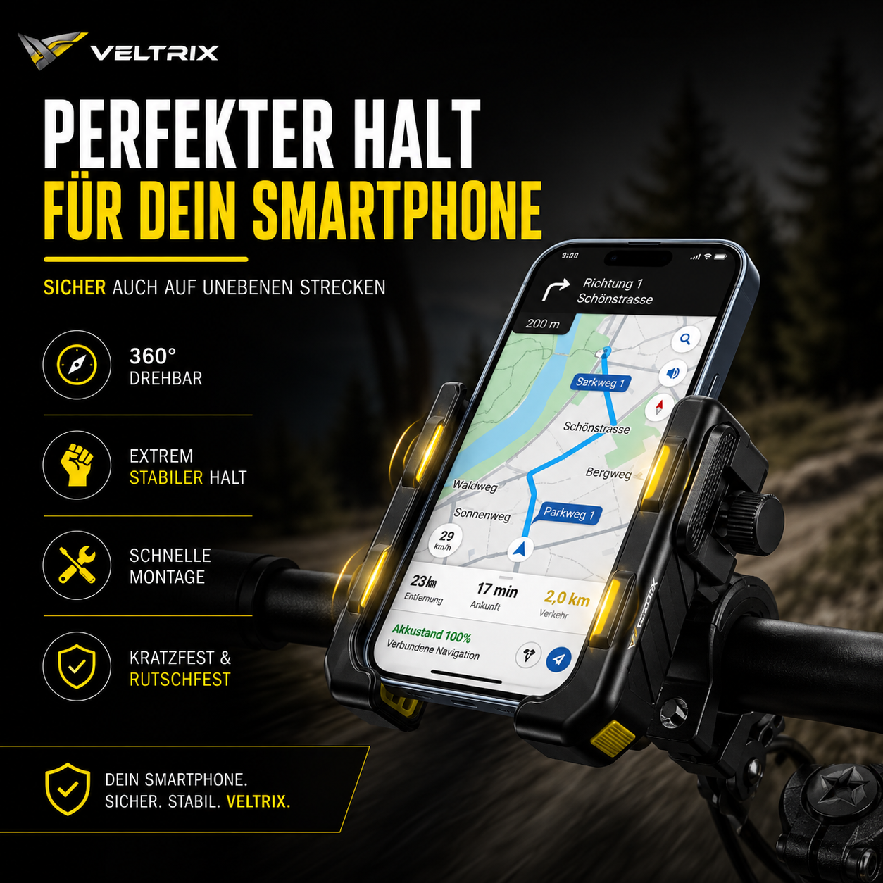 Fahrrad Handyhalterung für Smartphones mit 360° Drehung, stabilem Halt und einfacher Lenkermontage.