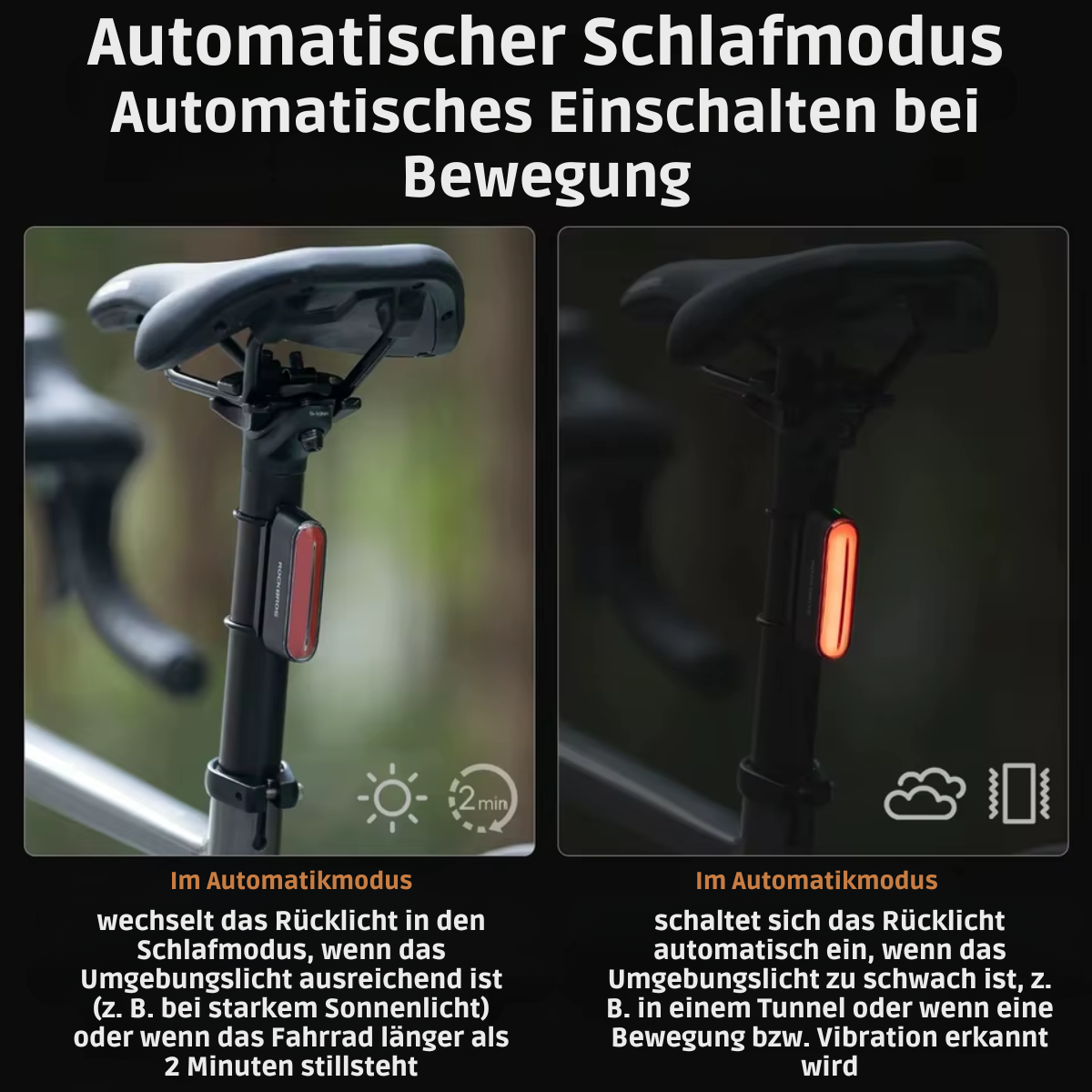 Fahrrad Rücklicht mit Bewegungssensor für automatische Aktivierung und längere Akkulaufzeit