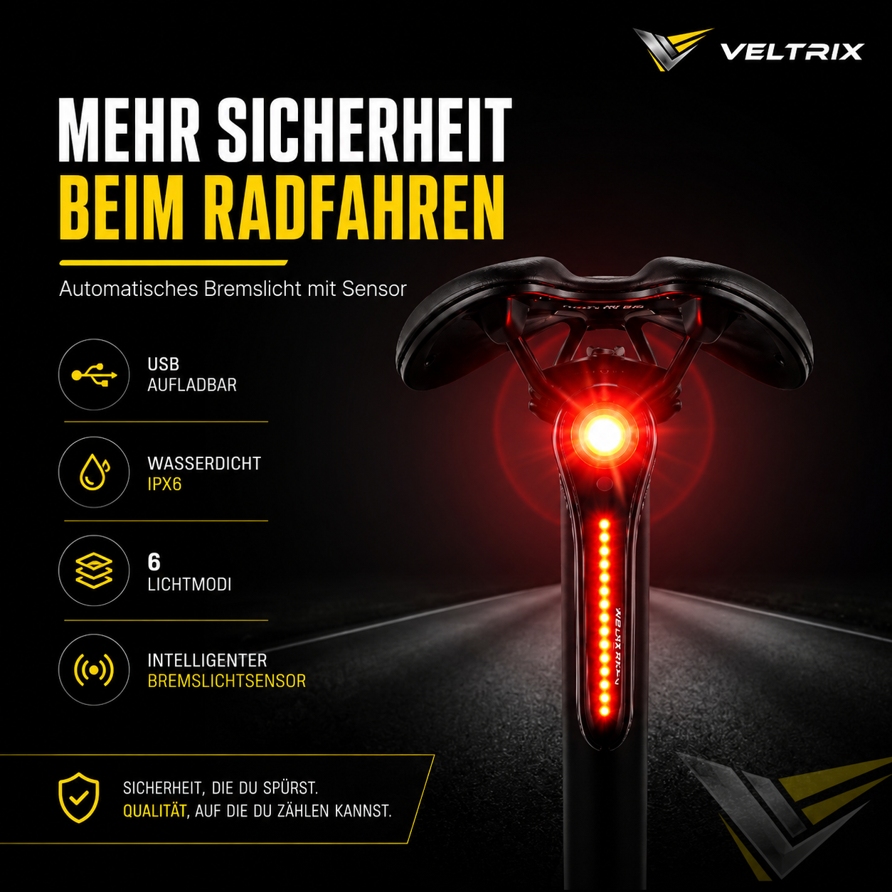 Veltrix Fahrrad Rücklicht mit Bremslichtfunktion und automatischem Bremslicht bei Dunkelheit