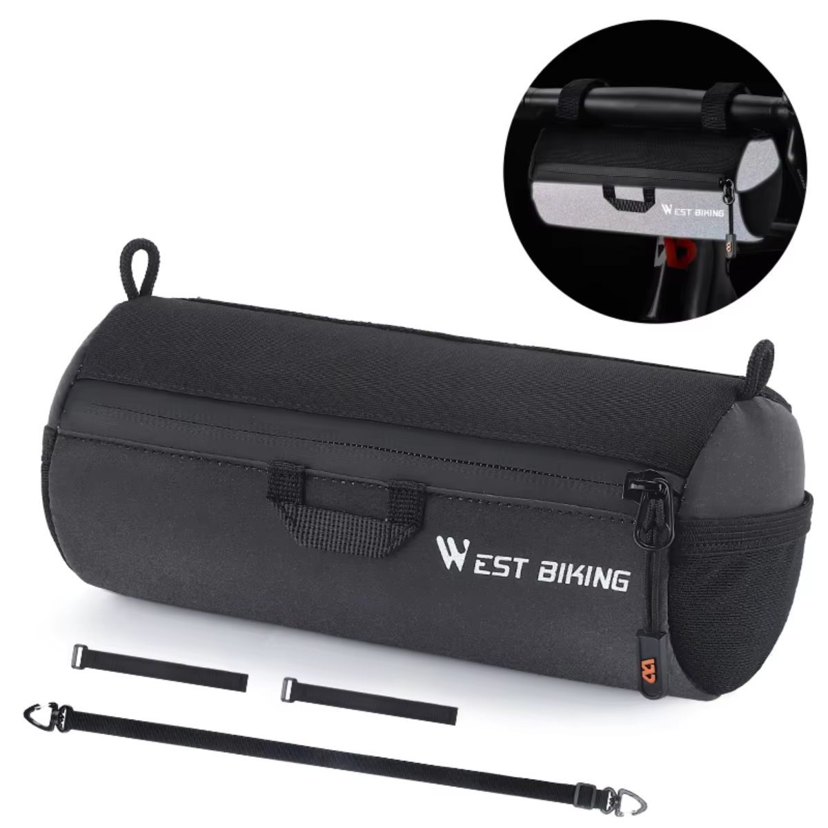Seitenansicht der WEST BIKING Fahrrad Lenkertasche mit Reißverschluss