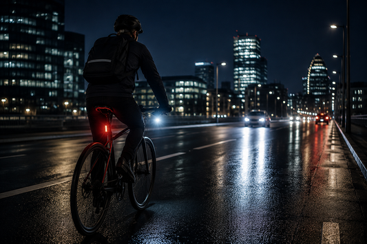 Fahrradfahrer bei Nacht in einer modernen Stadt mit heller Fahrradbeleuchtung und reflektierender nasser Straße für mehr Sichtbarkeit und Sicherheit im Straßenverkehr.