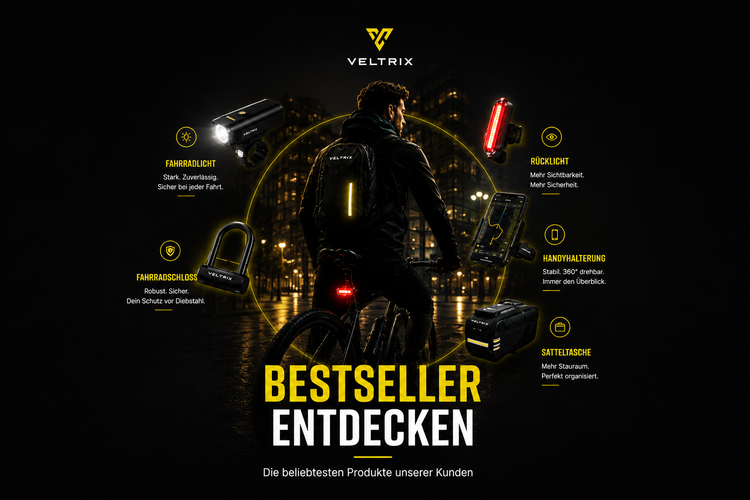 Bestseller Entdecken – Premium Fahrradzubehör von Veltrix mit Fahrradschloss, LED-Fahrradlicht, Handyhalterung und Fahrradtasche in moderner urbaner Umgebung bei Nacht. Hochwertige Lösungen für Sicherheit, Sichtbarkeit und Komfort beim Radfahren.