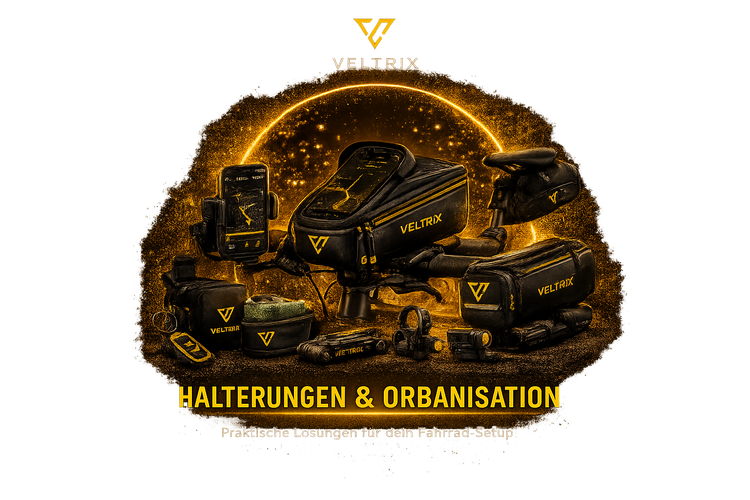 Veltrix Fahrradhalterungen und Organisationszubehör für Fahrräder mit Handyhalterung, Rahmentasche, Satteltasche und praktischen Aufbewahrungslösungen in schwarzem Design mit goldenen Akzenten vor leuchtendem Hintergrund.