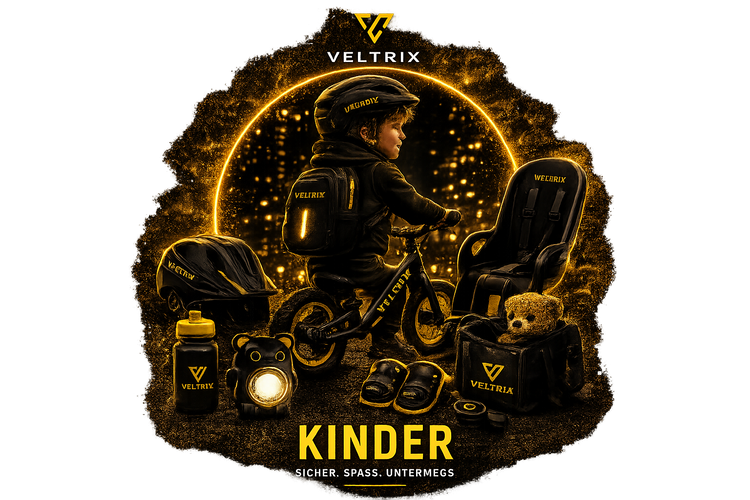 Veltrix Kinder Kollektion mit Fahrradhelm, Kindersitz, Laufrad, Beleuchtung und Sicherheitszubehör. Sichere und komfortable Fahrradlösungen für Kinder und Familien – ideal für Alltag, Freizeit und gemeinsame Fahrradtouren.