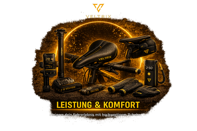 Veltrix Fahrradzubehör für Leistung und Komfort mit ergonomischem Fahrradsattel, Sattelstütze, tragbarer Luftpumpe, Griffen, Handschuhen und weiterem Premium-Zubehör in schwarzem Design mit goldenen Akzenten vor leuchtendem Hintergrund.