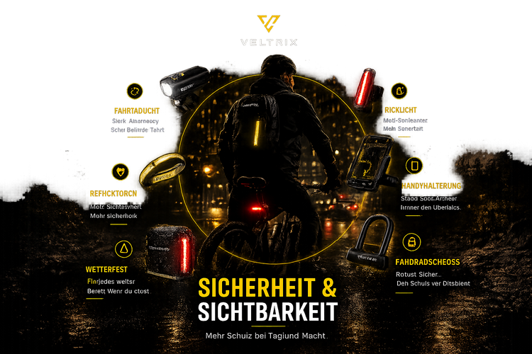 Sicherheit & Sichtbarkeit – Fahrradfahrer bei Nacht mit leistungsstarker Fahrradbeleuchtung, Rücklicht, Reflektoren und wetterfestem Zubehör. Premium Fahrradausrüstung für maximale Sichtbarkeit, Schutz und Sicherheit bei jeder Fahrt.