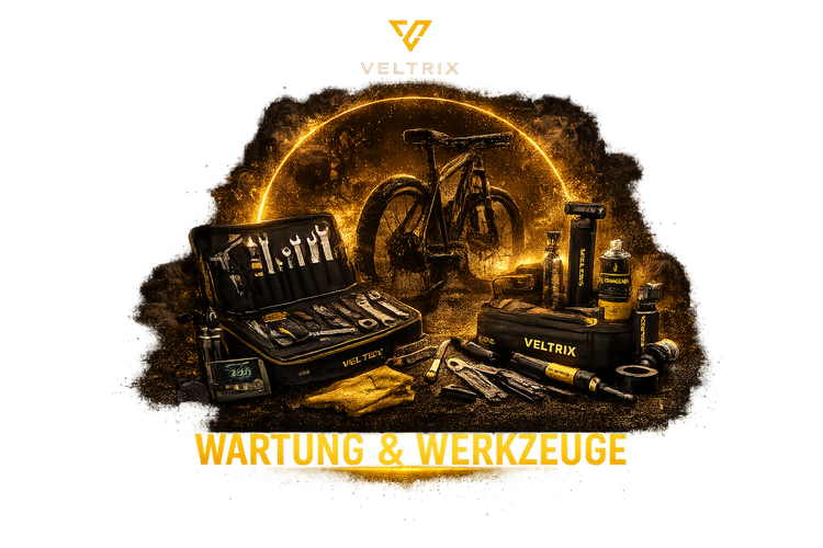 Veltrix Wartung & Werkzeuge – Fahrrad-Werkzeugset, Luftpumpe, Multitool und Pflegezubehör vor einem Fahrrad mit leuchtendem Hintergrund. Professionelle Lösungen für Wartung, Reparatur und Pflege von Fahrrädern.