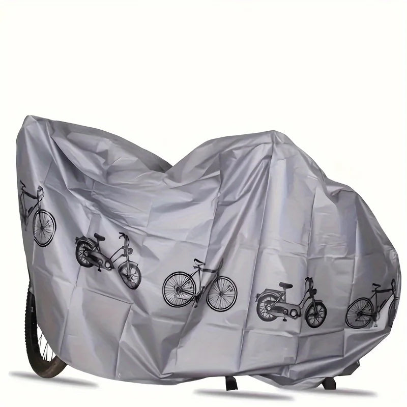 Silberne AquaShield Fahrradabdeckung mit Fahrrad-Print und UV-Schutz für den Außenbereich