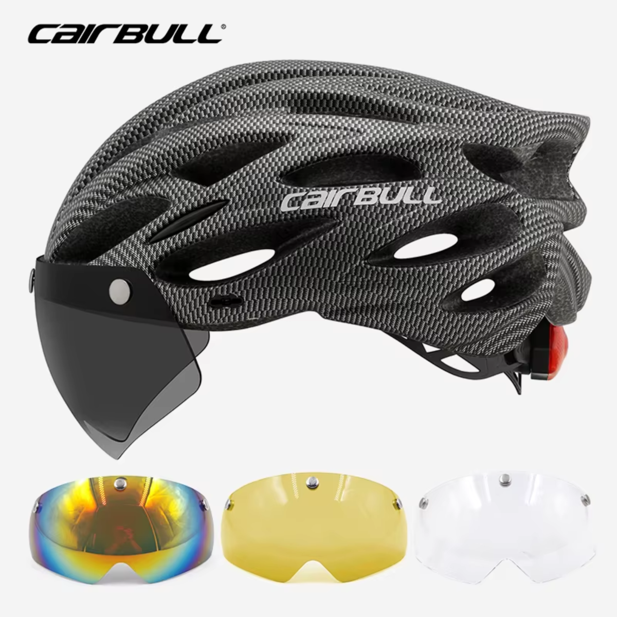 CAIRBULL Fahrradhelm in Carbon-Optik mit abnehmbarem Visier und Linsenset