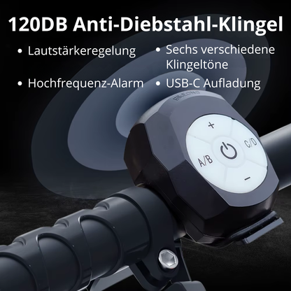 Veltrix Fahrrad Alarmklingel mit 120 dB Anti-Diebstahl-Funktion, Lautstärkeregelung und Hochfrequenz-Alarm