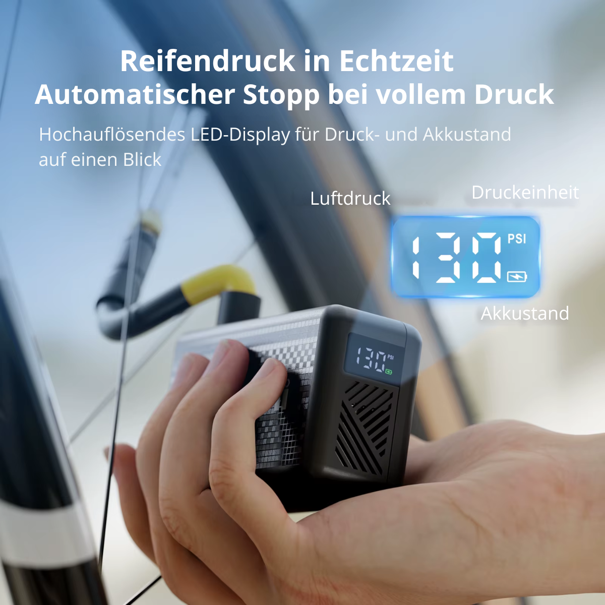 Reifendruck in Echtzeit mit automatischem Stopp bei Erreichen von 130 PSI