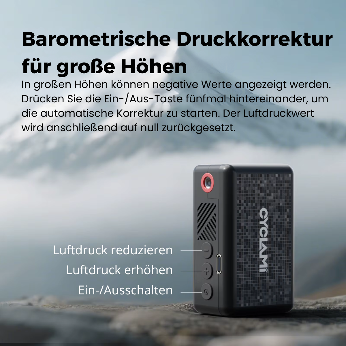 Barometrische Druckkorrektur für präzises Aufpumpen in großen Höhen