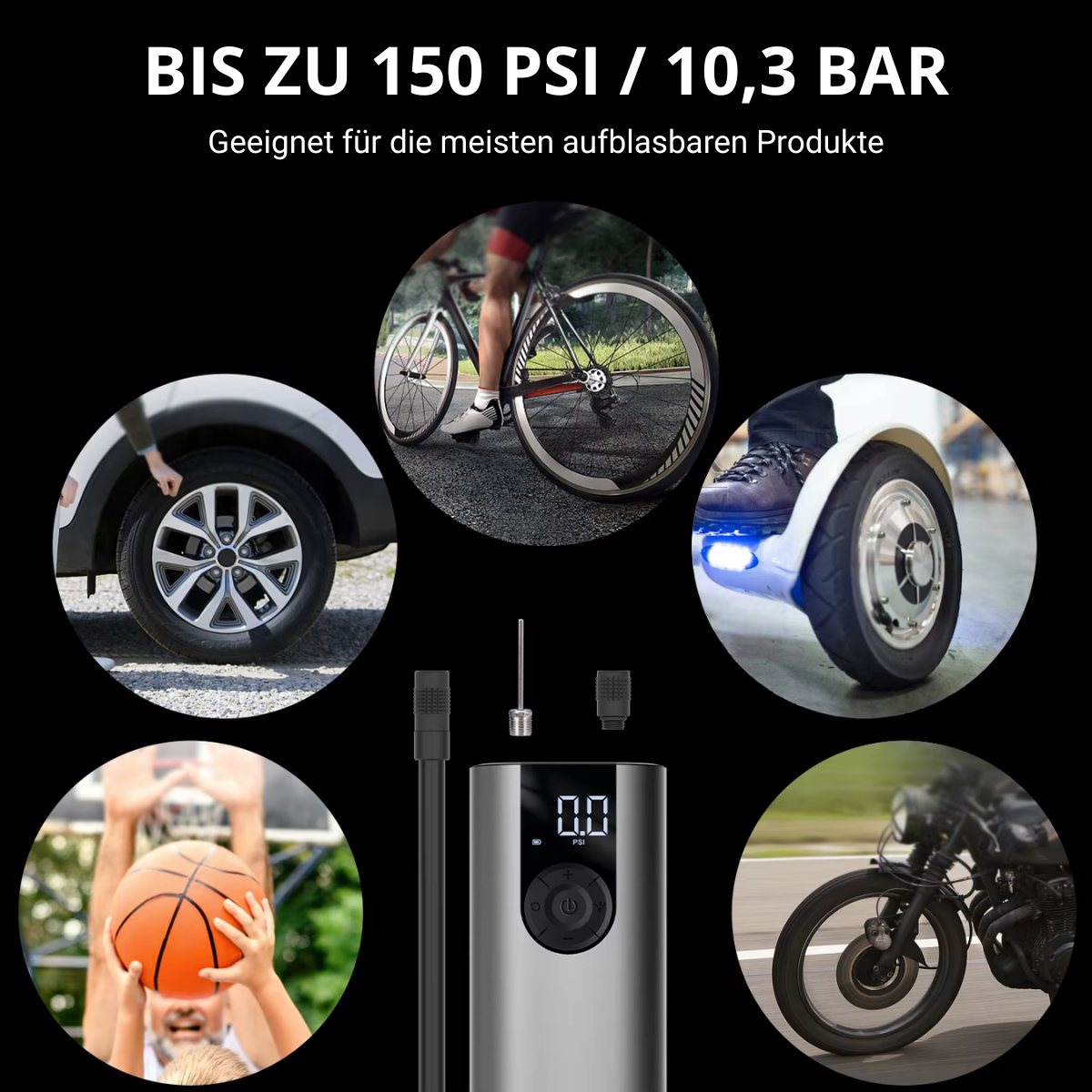 Elektrische Fahrrad Luftpumpe mit bis zu 150 PSI für Fahrrad, Motorrad, Ball und weitere aufblasbare Produkte