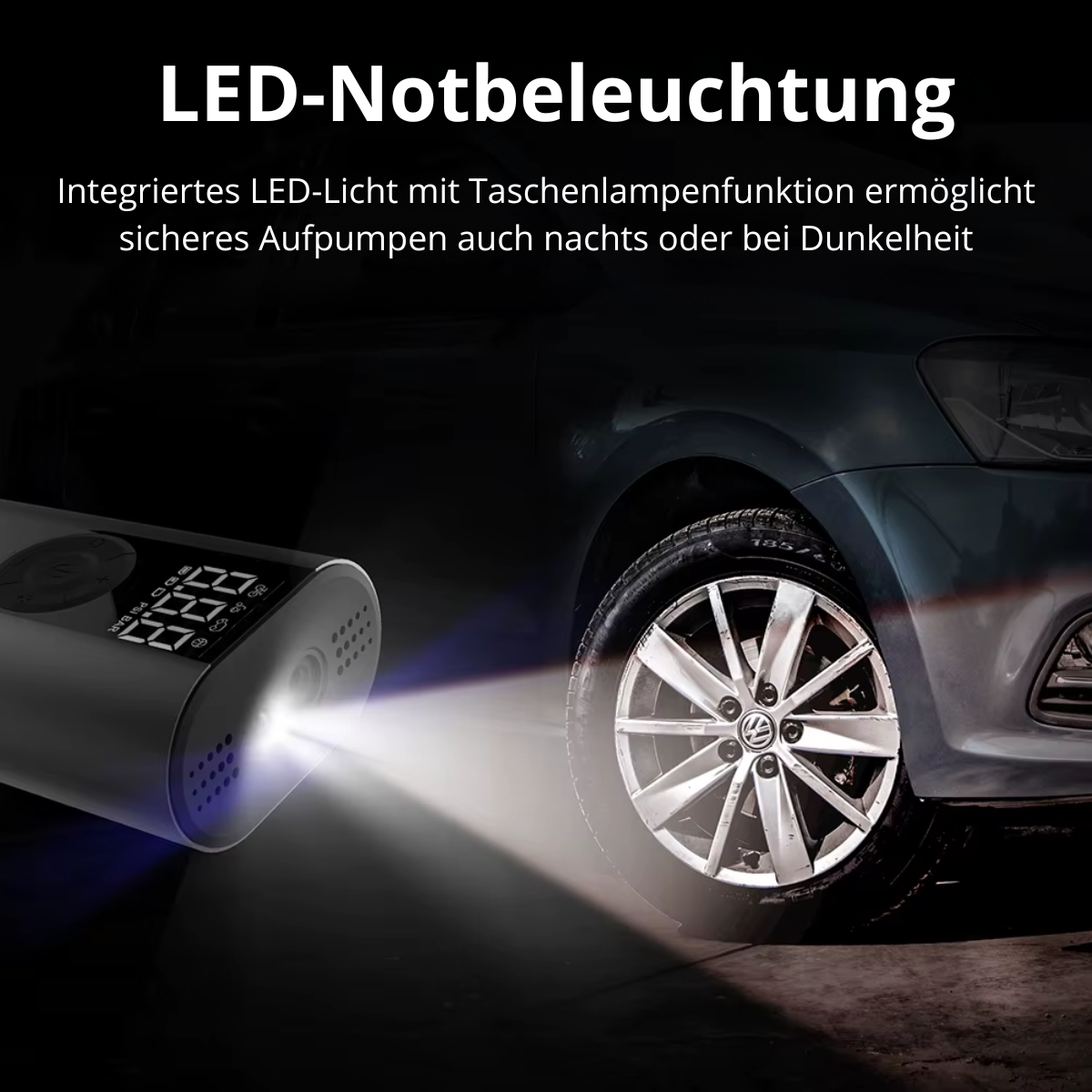  Integriertes LED-Notlicht mit Taschenlampenfunktion für sicheres Aufpumpen bei Dunkelheit