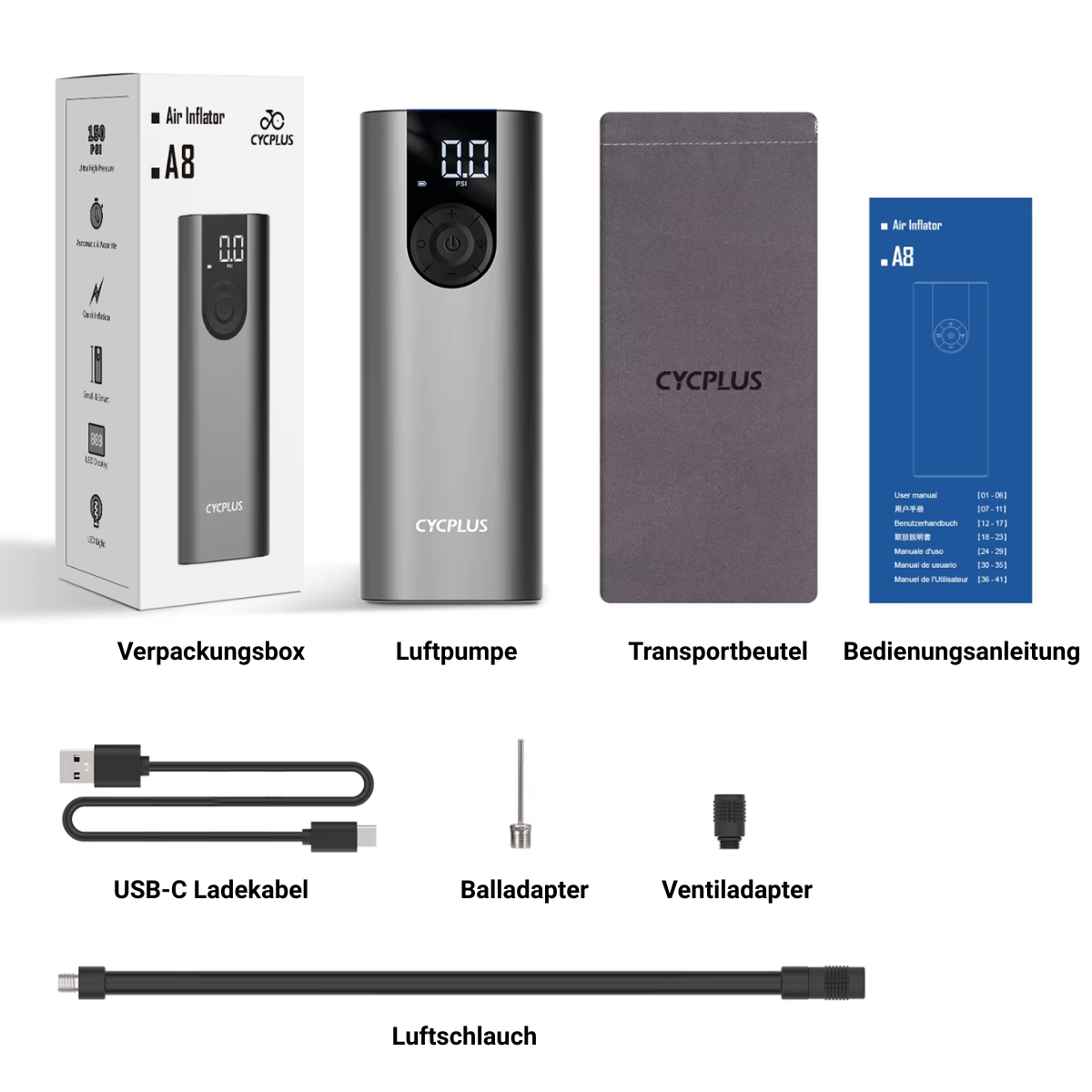 Veltrix Elektrische Fahrrad Luftpumpe Mini mit USB-C Kabel, Verlängerungsschlauch, Ventiladapter, Transportbeutel und Bedienungsanleitung