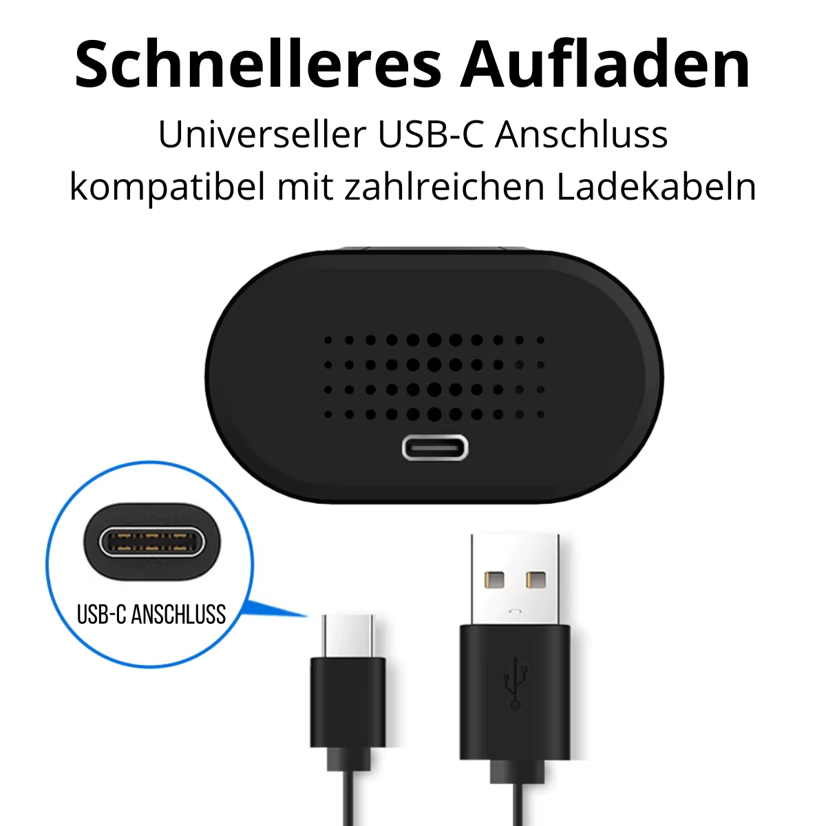 Schnelles Aufladen über universellen USB-C Anschluss, kompatibel mit gängigen Ladekabeln