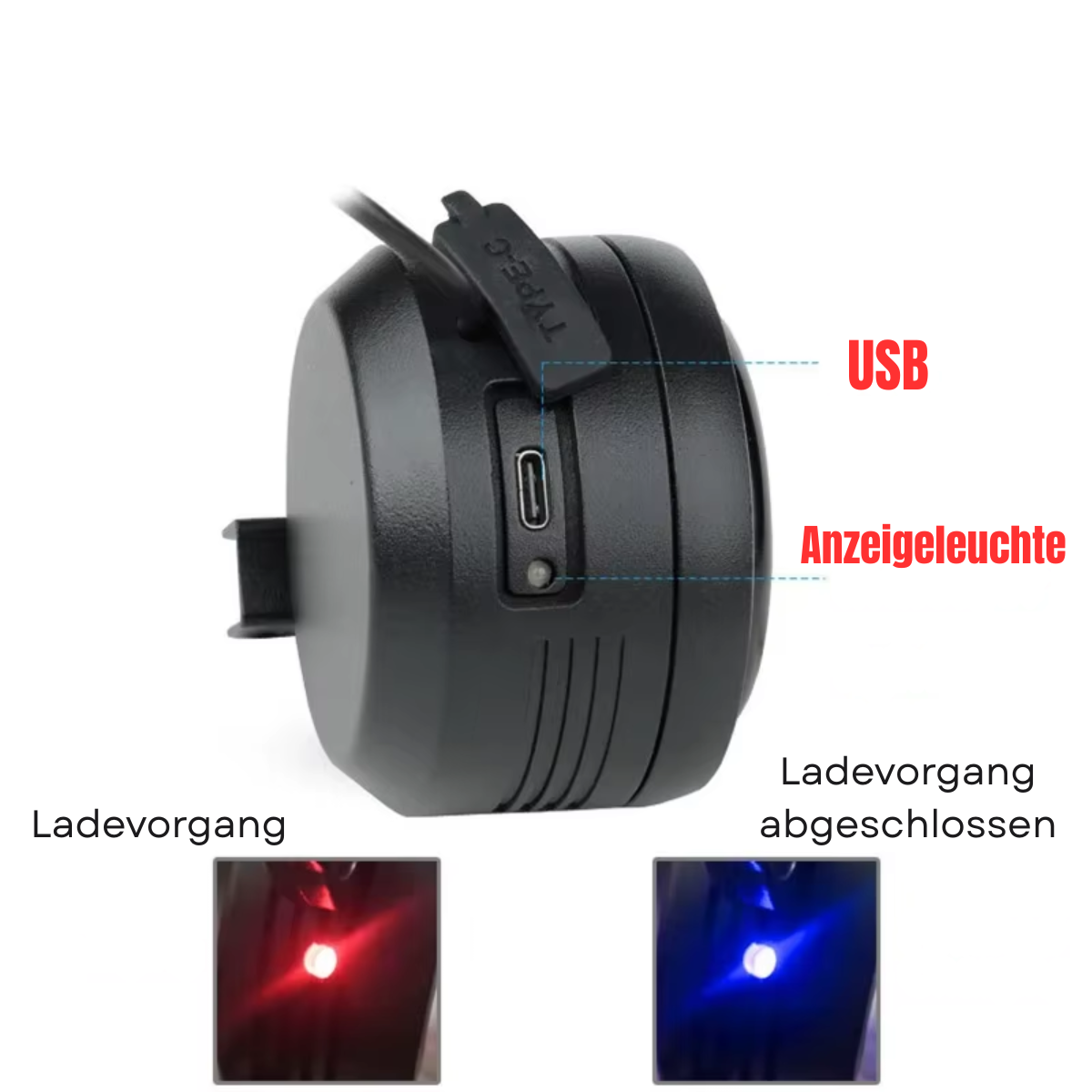 USB Ladeanzeige der Veltrix Fahrrad Alarmklingel, rot während des Ladens und blau bei abgeschlossenem Vorgang