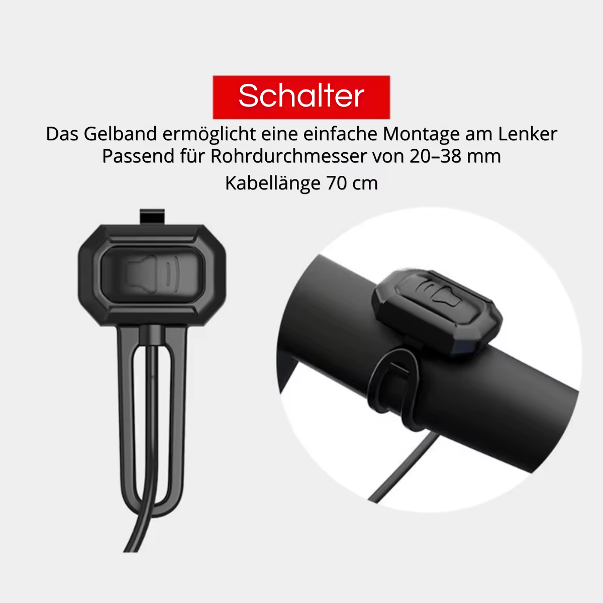 Schalter und Montageband der Veltrix Fahrrad Alarmklingel für Lenkerdurchmesser von 20 bis 38 mm