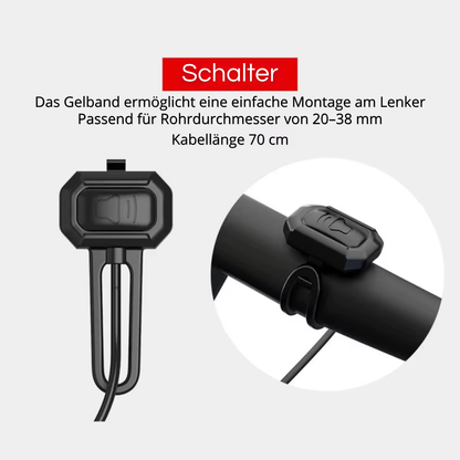 Schalter und Montageband der Veltrix Fahrrad Alarmklingel für Lenkerdurchmesser von 20 bis 38 mm