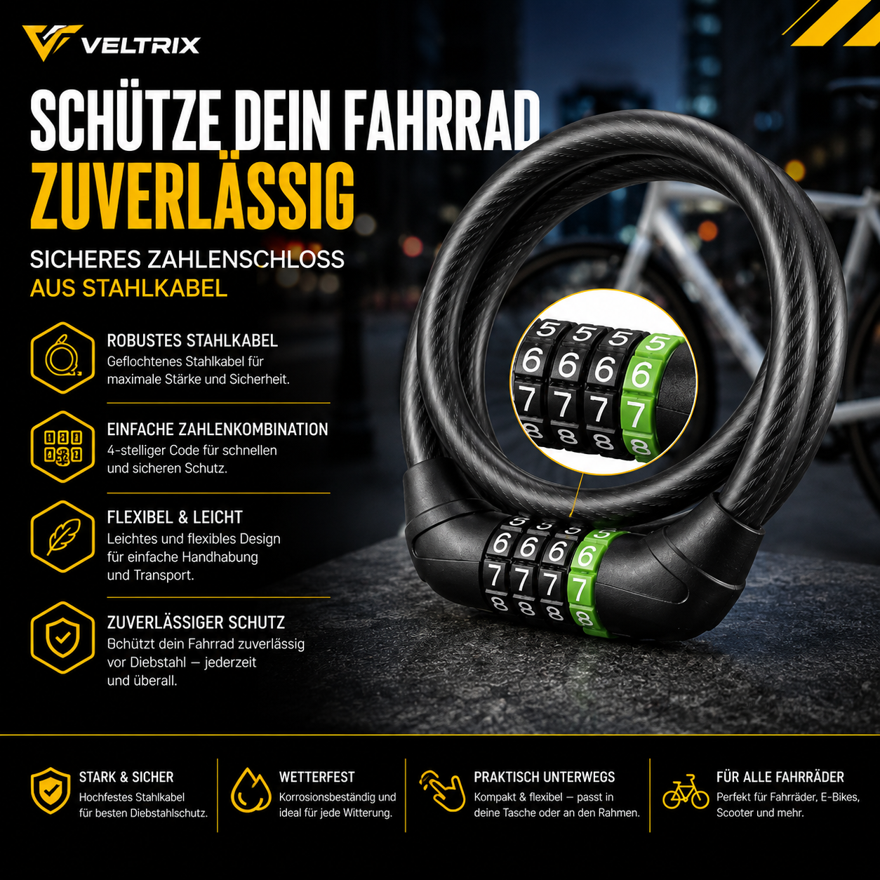 Sicheres Fahrrad Kabelschloss mit 4-stelliger Zahlenkombination, flexiblem Stahlkabel und zuverlässigem Schutz vor Diebstahl.