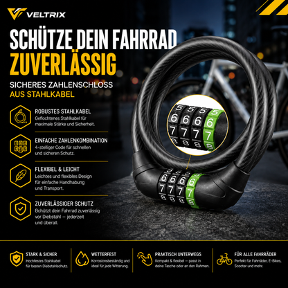 Sicheres Fahrrad Kabelschloss mit 4-stelliger Zahlenkombination, flexiblem Stahlkabel und zuverlässigem Schutz vor Diebstahl.