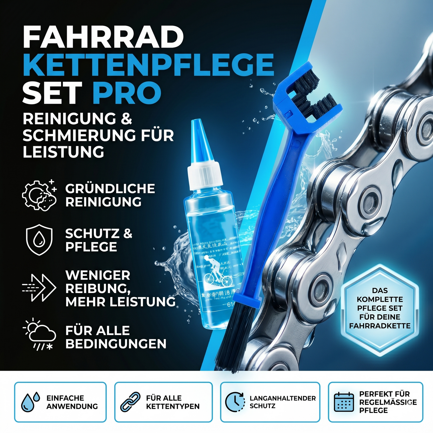 Fahrrad Kettenpflege Set Pro mit Kettenöl und Bürste zur Reinigung und Schmierung der Fahrradkette
