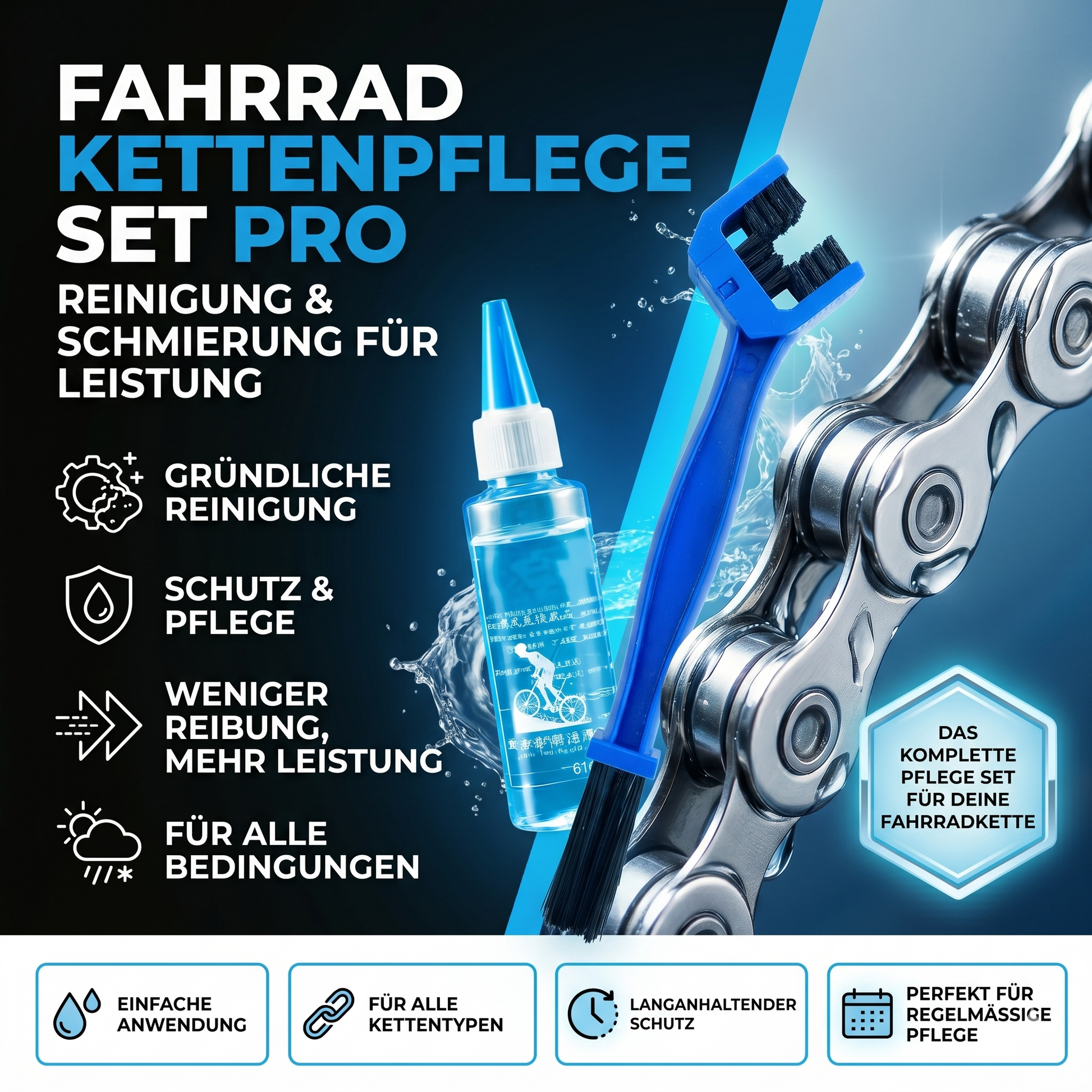 Fahrrad Kettenpflege Set Pro mit Kettenöl und Bürste zur Reinigung und Schmierung der Fahrradkette