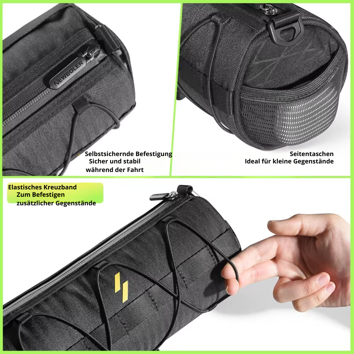 Details der wasserdichten Fahrrad Lenkertasche mit robustem Reißverschluss und Befestigungssystem