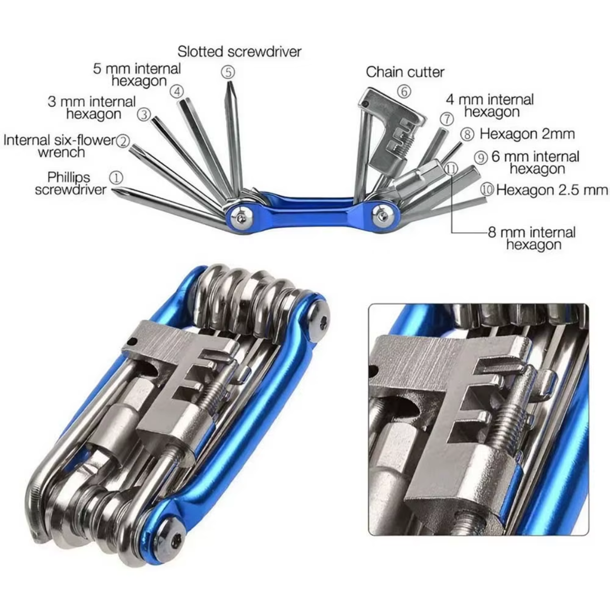 Fahrrad Multitool 11in1 mit ausgeklappten Werkzeugen im Detail