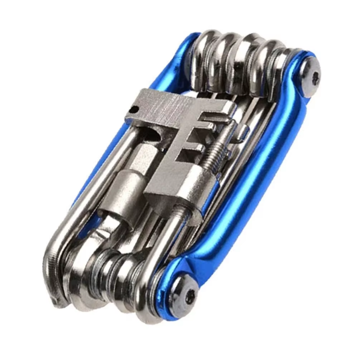 Fahrrad Multitool 11in1 in blau mit Detailansicht der Werkzeuge