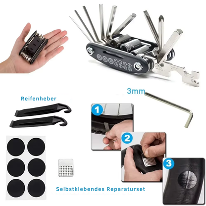  Fahrrad Multitool 16in1 in der Hand mit ausgeklappten Werkzeugen