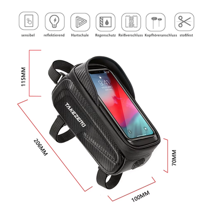 Abmessungen der wasserdichten Fahrrad Oberrohrtasche mit integriertem Smartphone-Fach und Touchscreen-Fenster