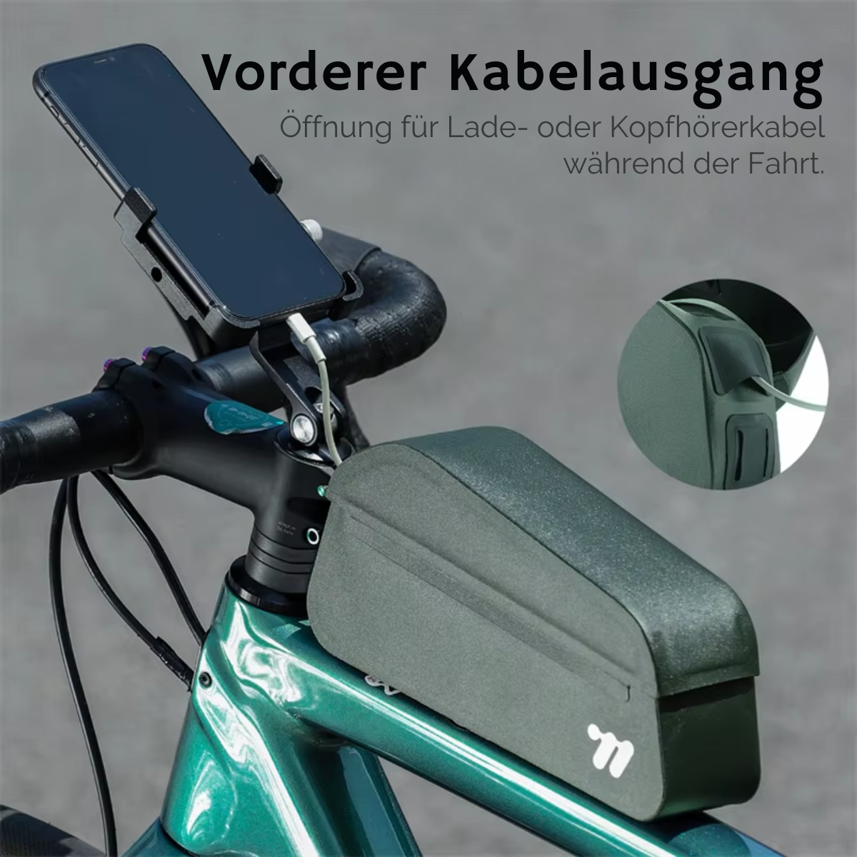 Fahrrad Oberrohrtasche mit vorderer Kabelführung für Lade- und Zubehörkabel