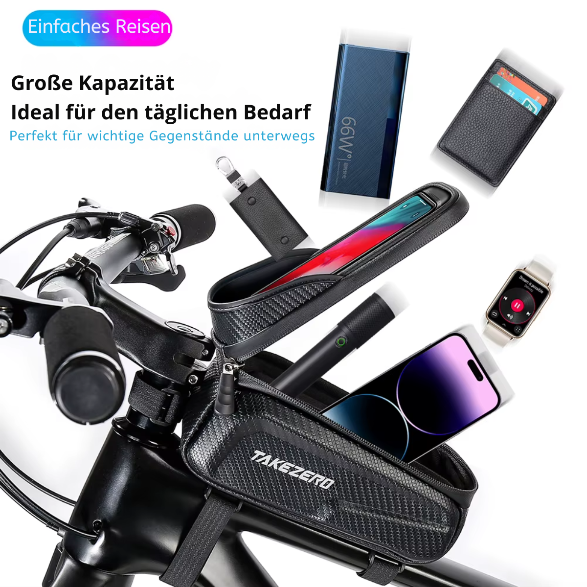 Fahrrad Oberrohrtasche mit großem Stauraum für Smartphone, Powerbank, Schlüssel und Fahrradzubehör