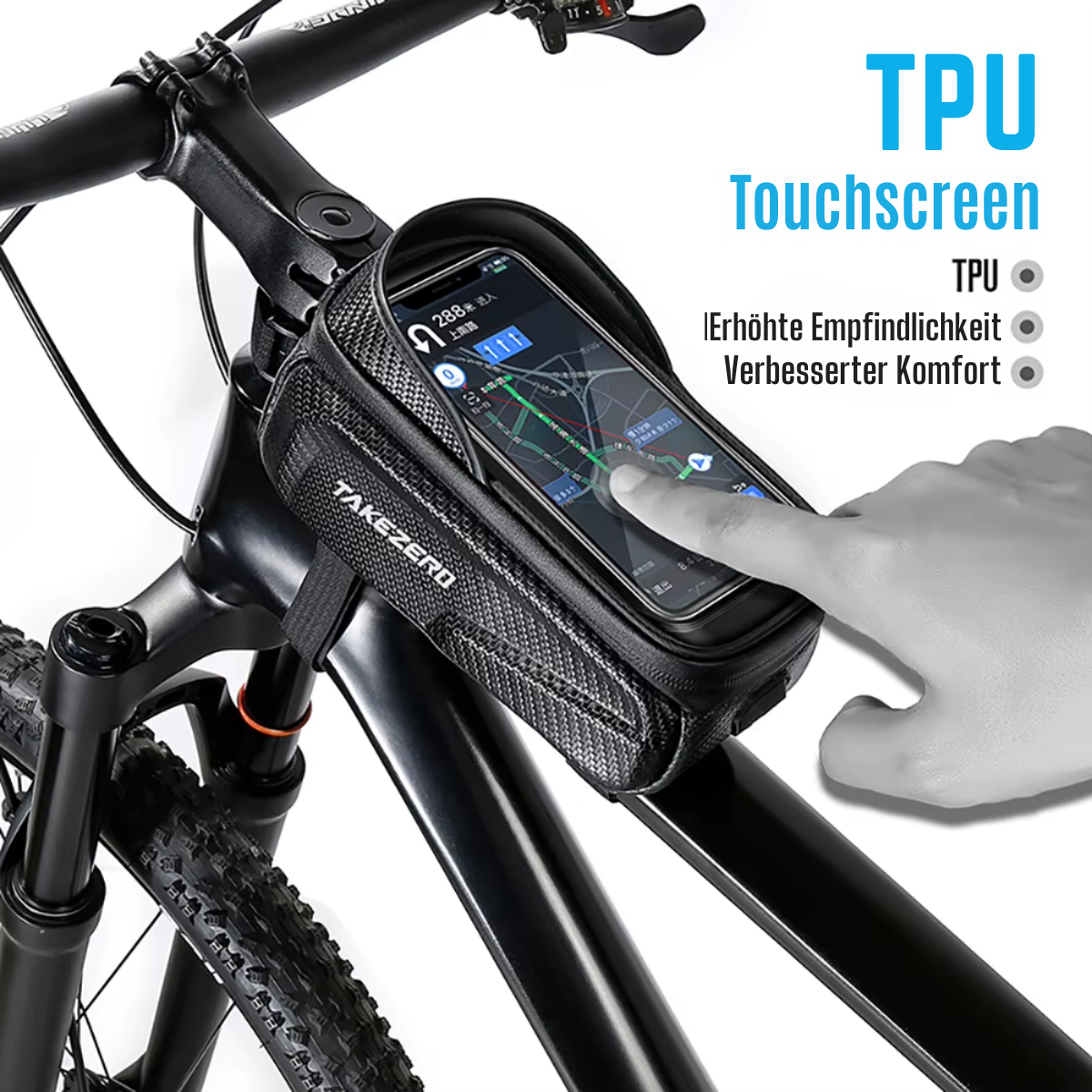 Wasserdichte Fahrrad Oberrohrtasche mit TPU-Touchscreen-Fenster für Navigation und Smartphone-Bedienung während der Fahrt
