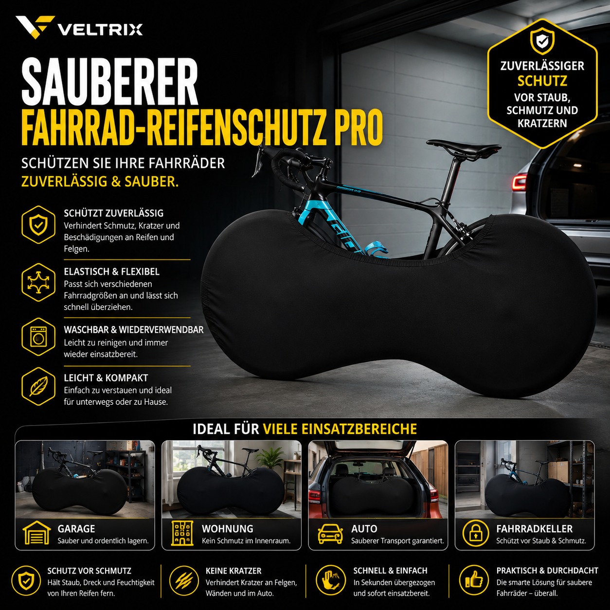 Fahrrad Reifenschutz mit elastischer Radabdeckung für sauberen Transport im Auto, in der Garage oder im Fahrradkeller.