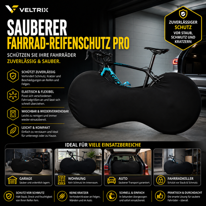 Fahrrad Reifenschutz mit elastischer Radabdeckung für sauberen Transport im Auto, in der Garage oder im Fahrradkeller.