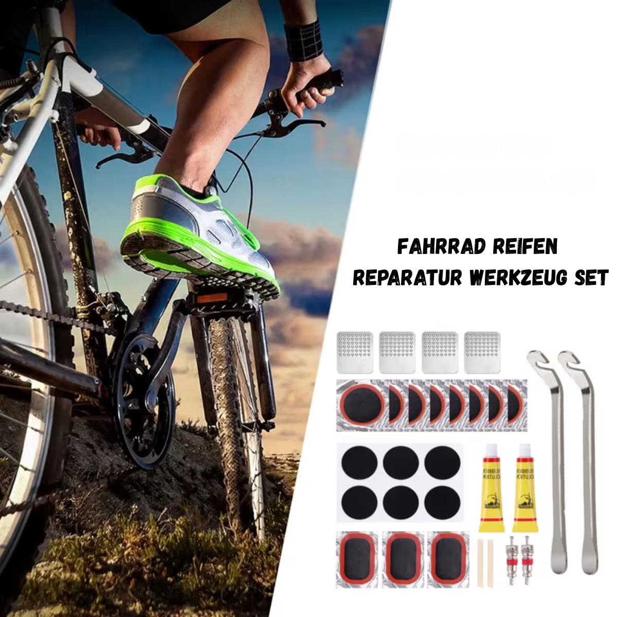Fahrrad Reifen Reparatur Set im Einsatz während einer Fahrradtour