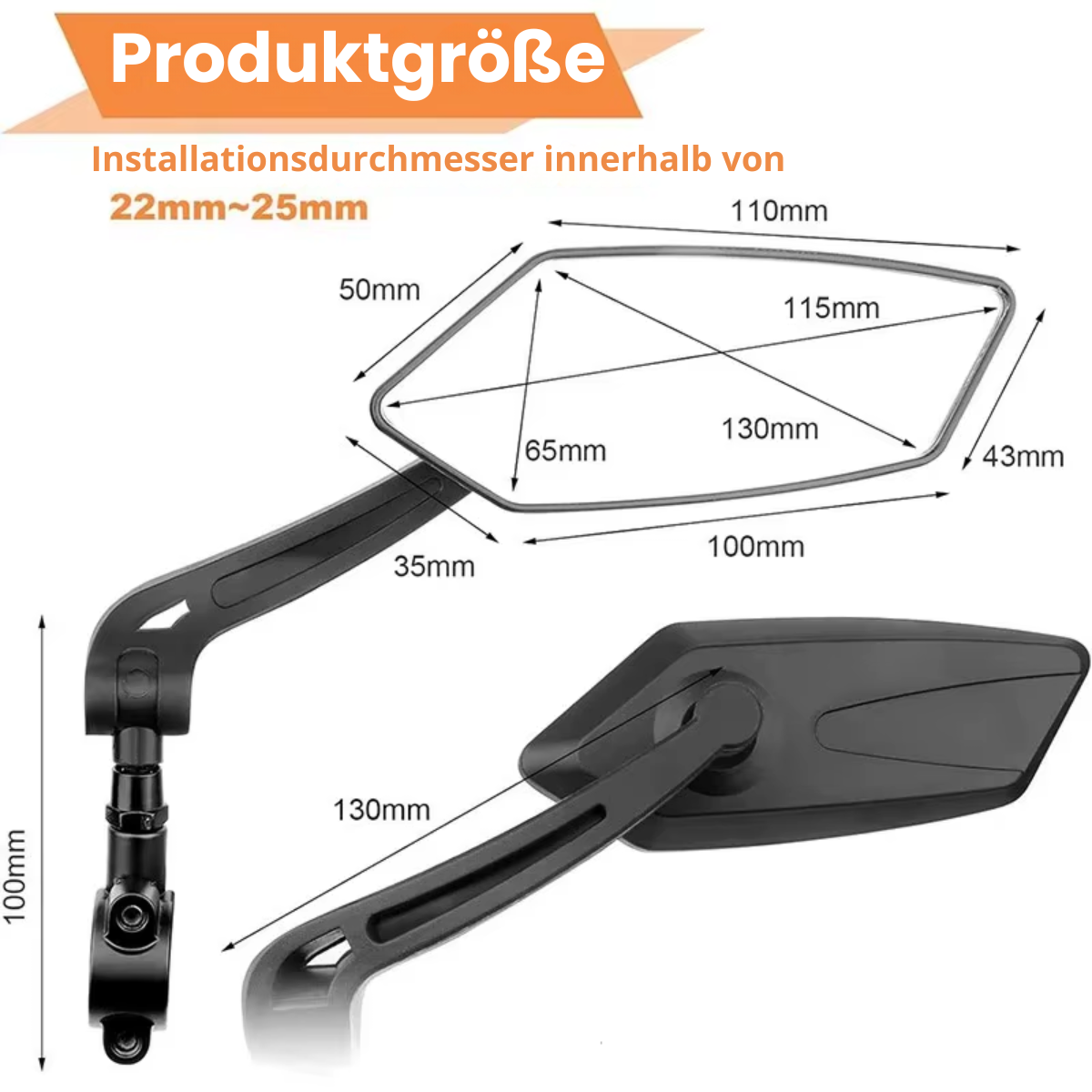 Produktgröße und Maße des Veltrix Fahrrad Rückspiegels im Detail