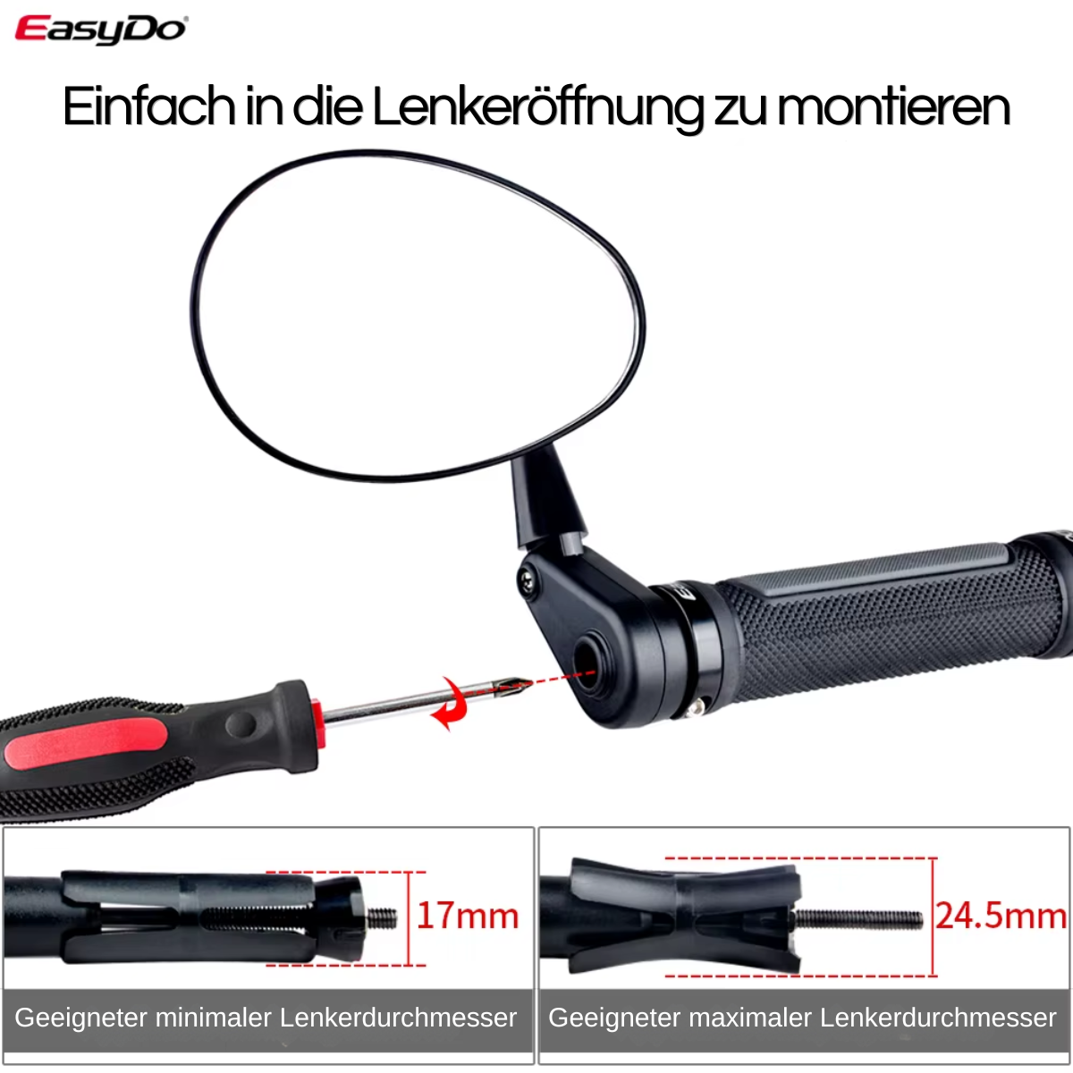Fahrrad Rückspiegel Montage am Lenker ohne Werkzeug, 17mm und 24,5mm