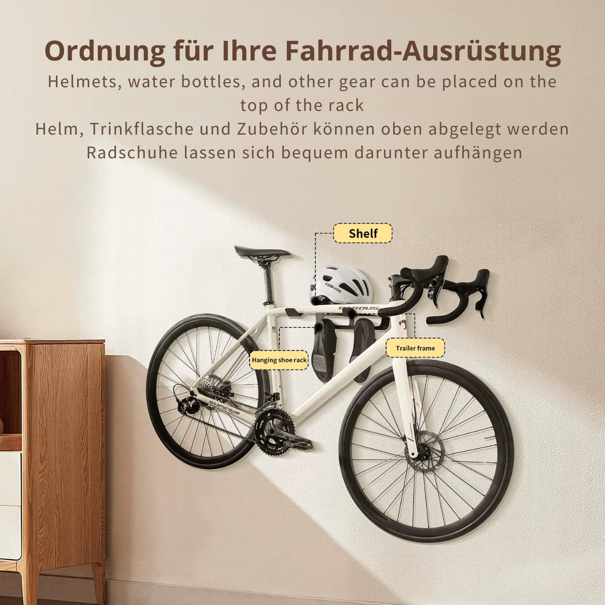 Fahrrad Wandhalterung mit Ablage für Helm, Trinkflasche und Fahrradzubehör zur platzsparenden Aufbewahrung