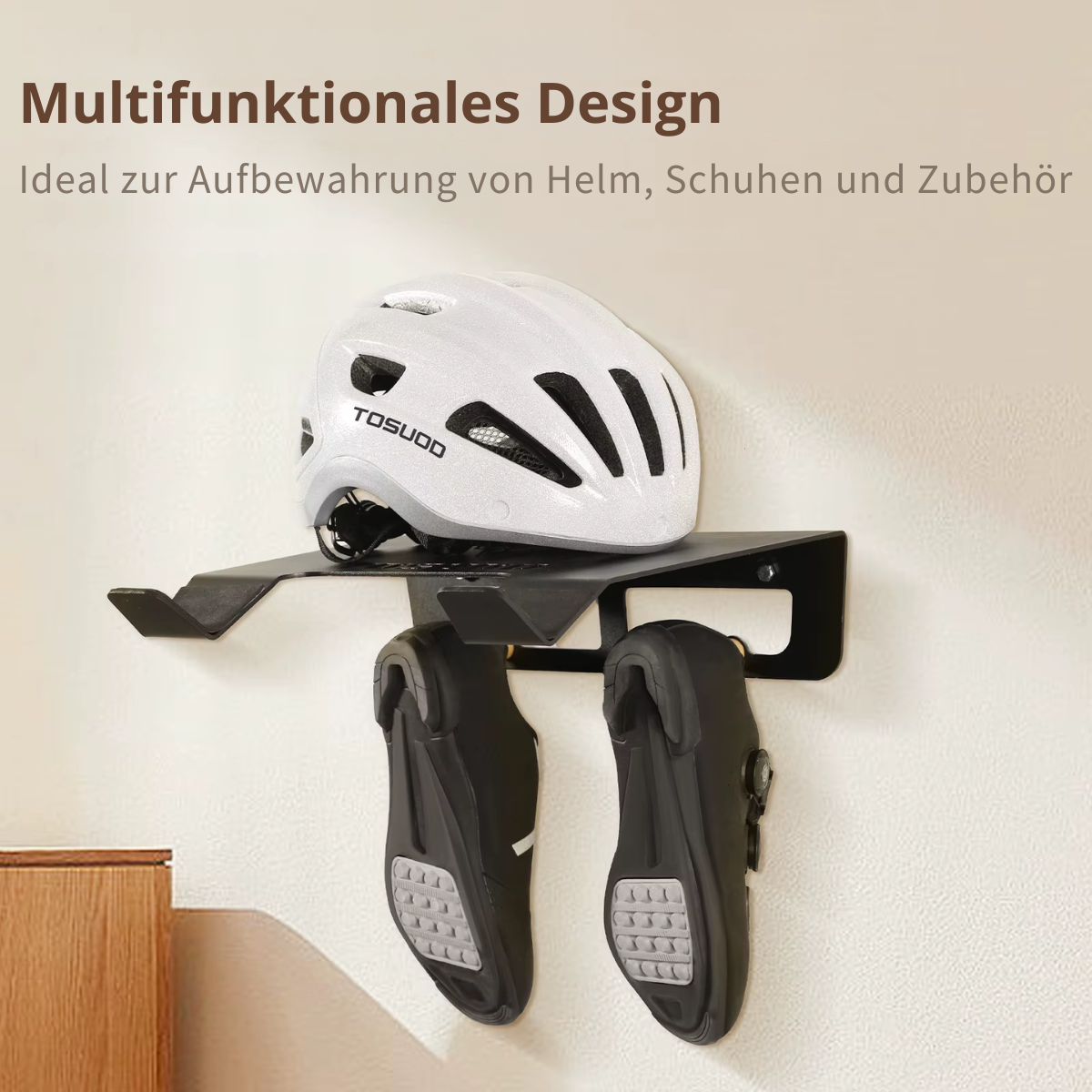 Multifunktionale Fahrrad Wandhalterung mit Ablage für Helm, Schuhe und Fahrradzubehör