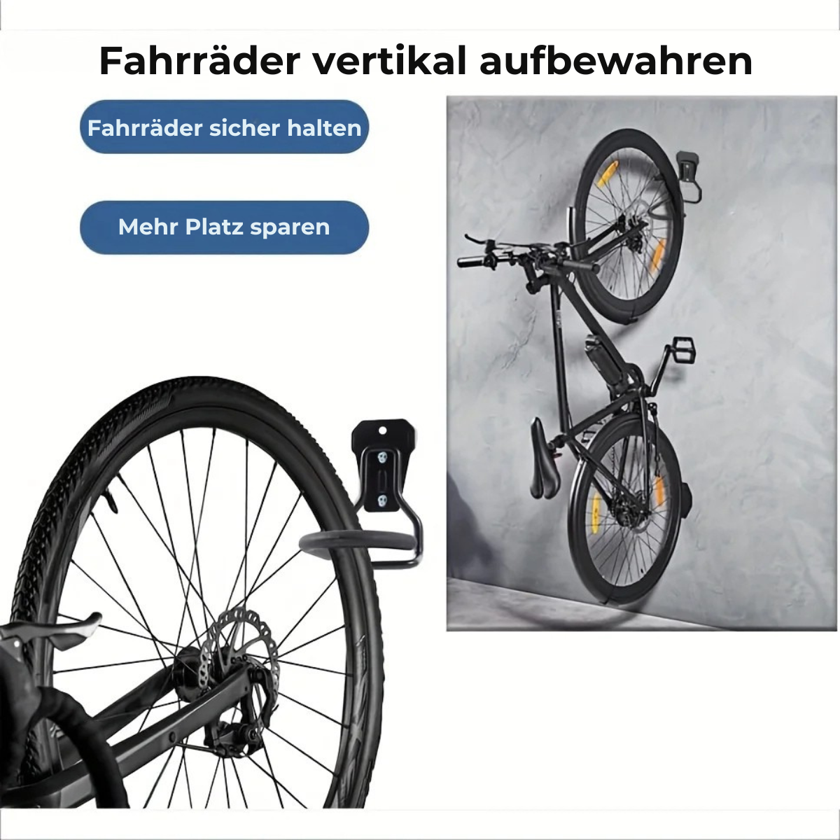 Fahrrad Wandhalterung für die vertikale und platzsparende Aufbewahrung von Fahrrädern an der Wand