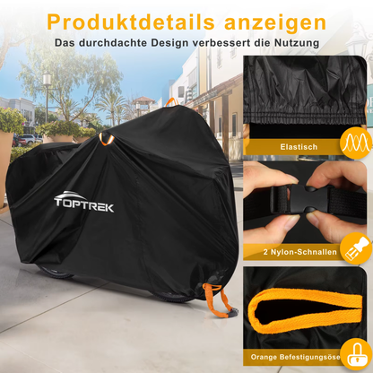 Fahrradabdeckung mit elastischem Saum, Befestigungsschnallen und windstabiler Konstruktion