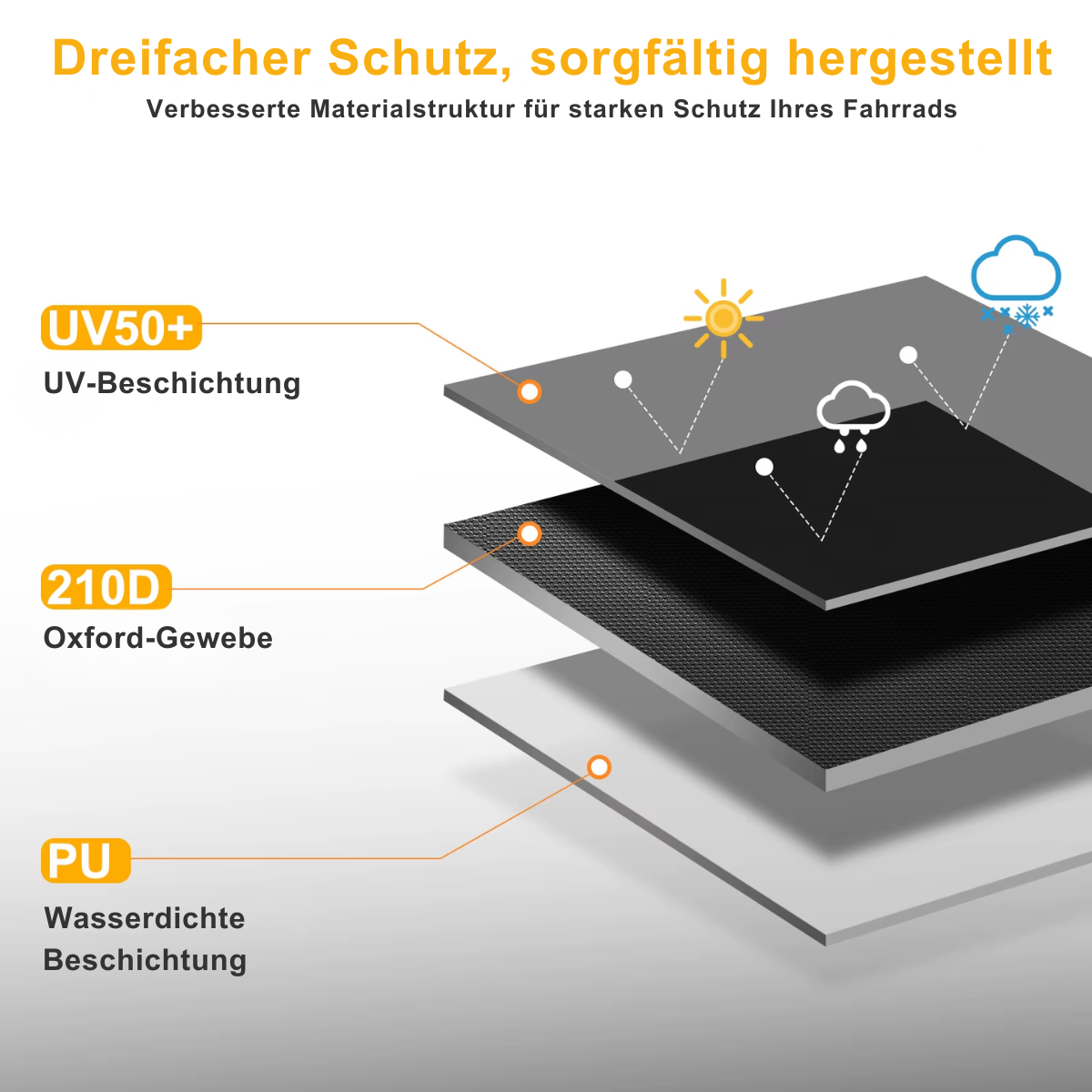 Mehrschichtige Fahrradabdeckung mit UV50 Schutz, 210D Oxford-Gewebe und wasserdichter PU-Beschichtung