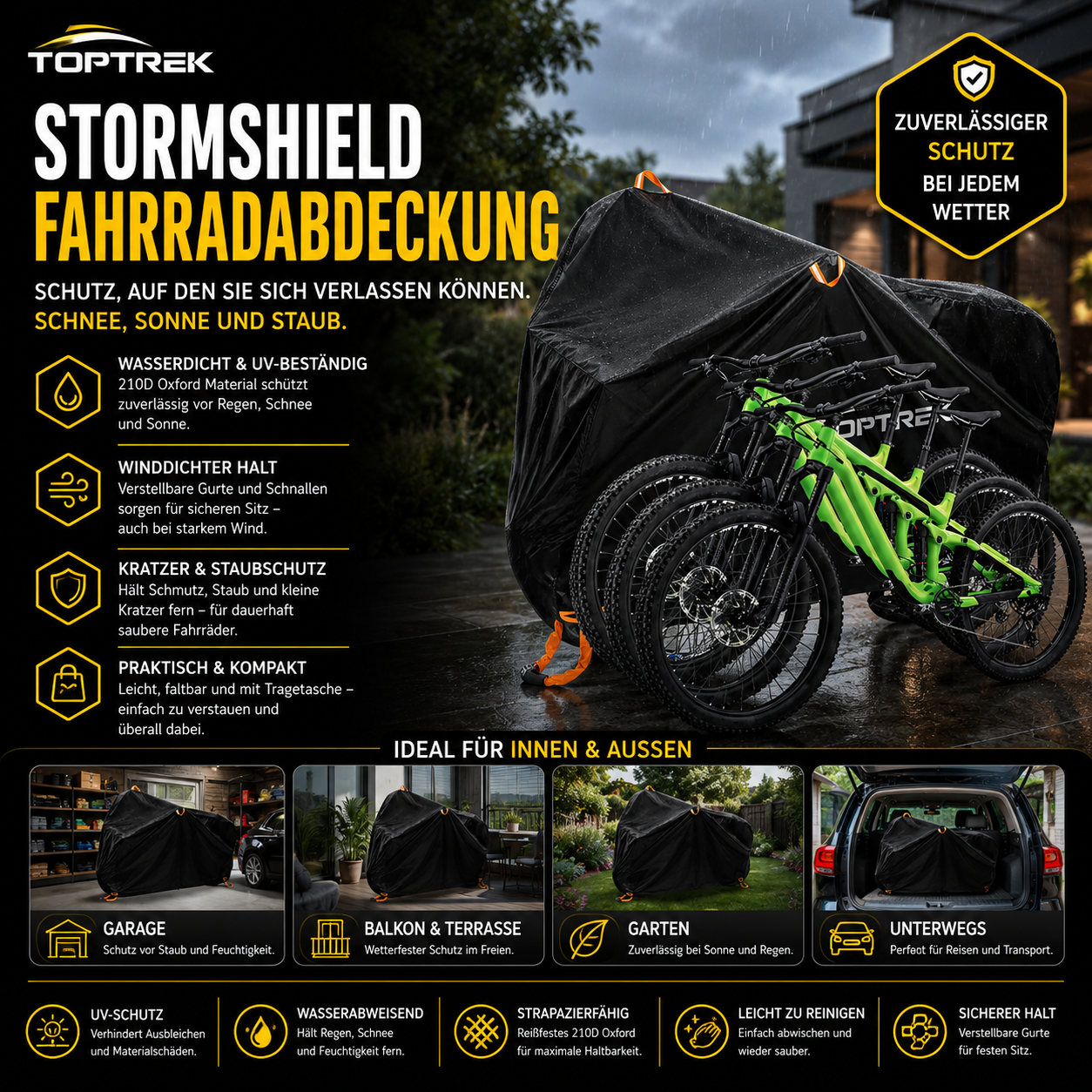 Robuste Fahrradabdeckung für mehrere Fahrräder mit 210D Oxford-Material, UV-Schutz und wetterfestem Schutz vor Regen, Schnee und Staub.