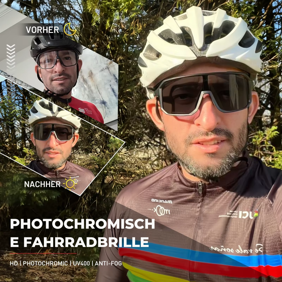 Radfahrer mit selbsttönender Fahrradbrille und photochromen Gläsern im Einsatz
