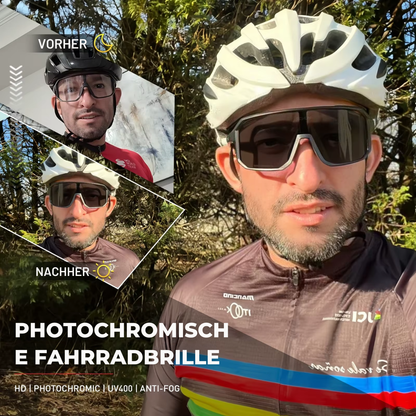 Radfahrer mit selbsttönender Fahrradbrille und photochromen Gläsern im Einsatz