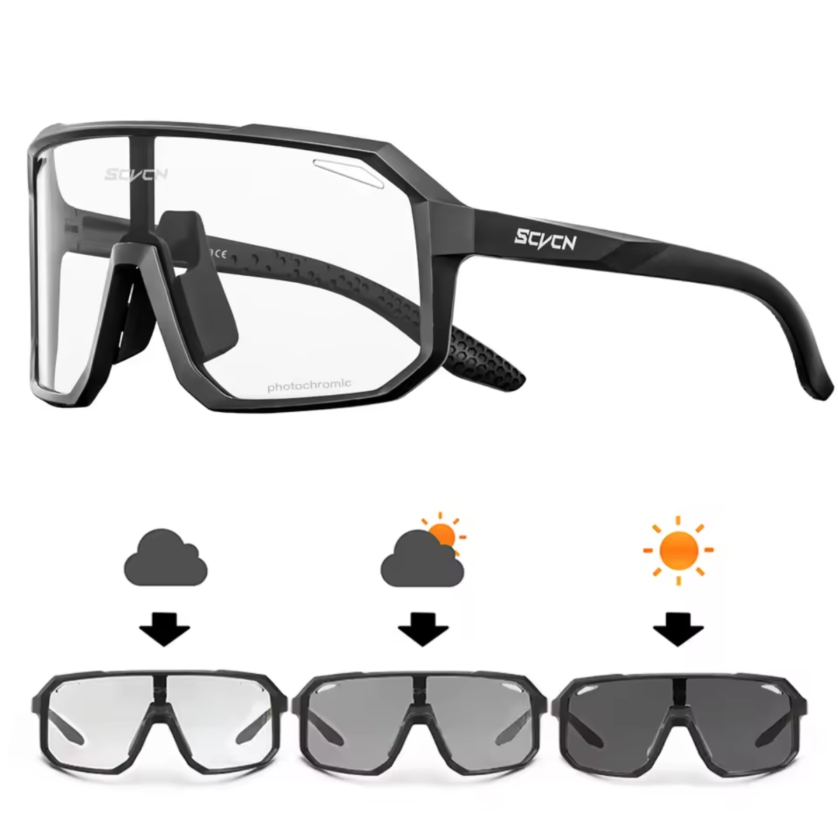 Fahrradbrille mit Übersicht der grauen Glastönungen
