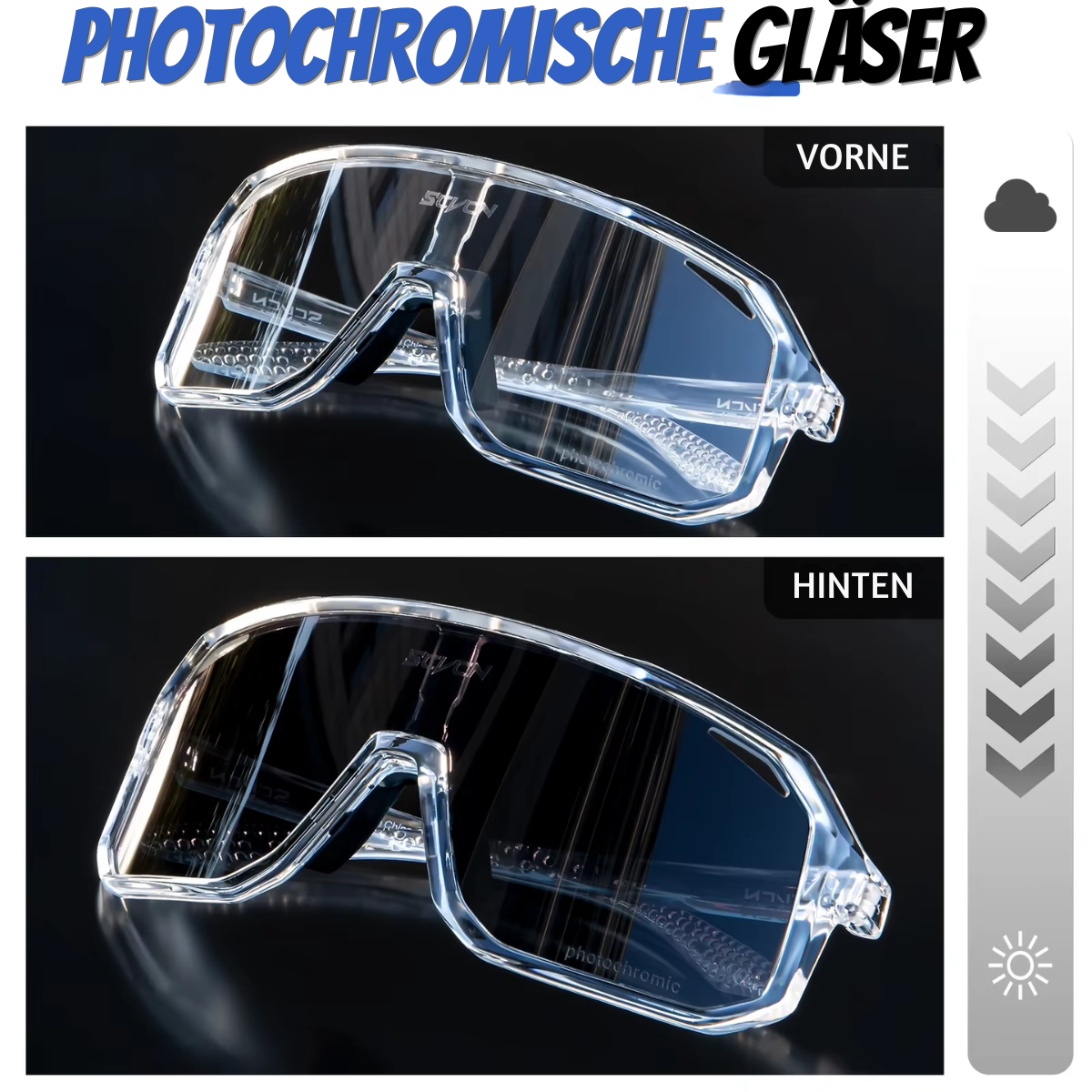 Fahrradbrille mit photochromen Gläsern bei dunklerer Tönung